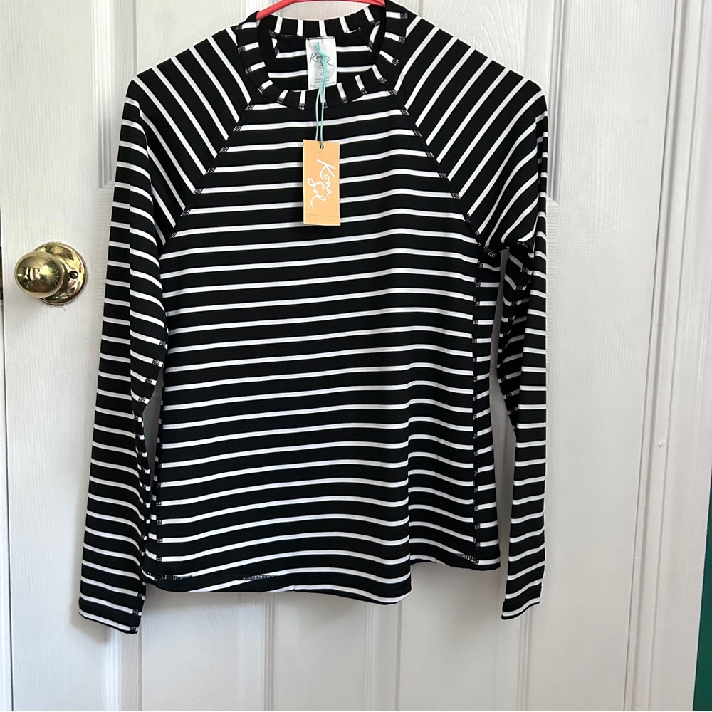 Kona Sol UV Protection Black/White Long Sleeve Striped Shirt XS NWT